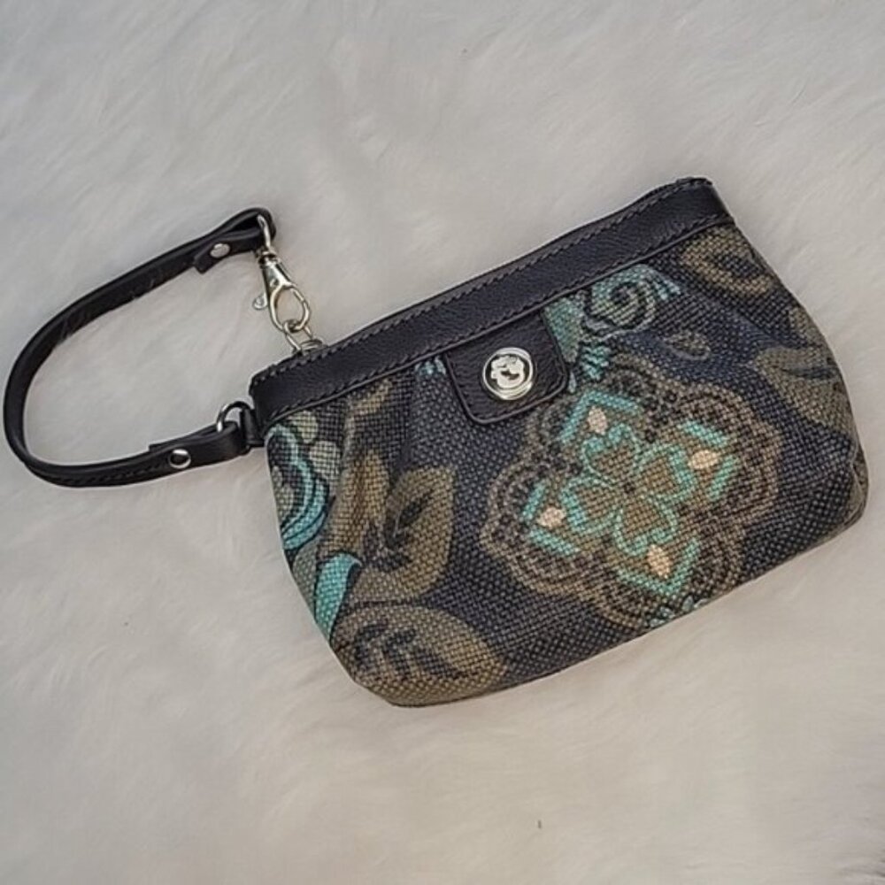 SPARTINA Daufuskie Island Brown Teal Linen Floral Zip Wristlet Wallet Pouch NWOT